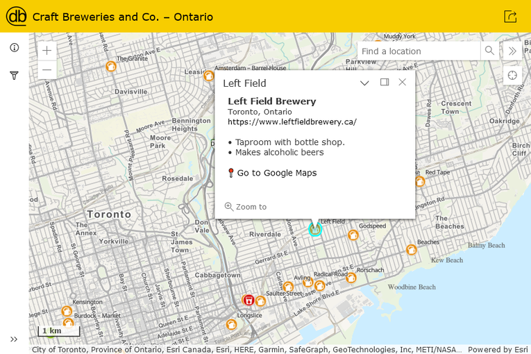 Screenshot from a map showing multiple breweries along with details from Left Field Brewing.