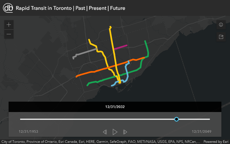 Screenshot from a map of rapit transit lines in the city of Toronto.
