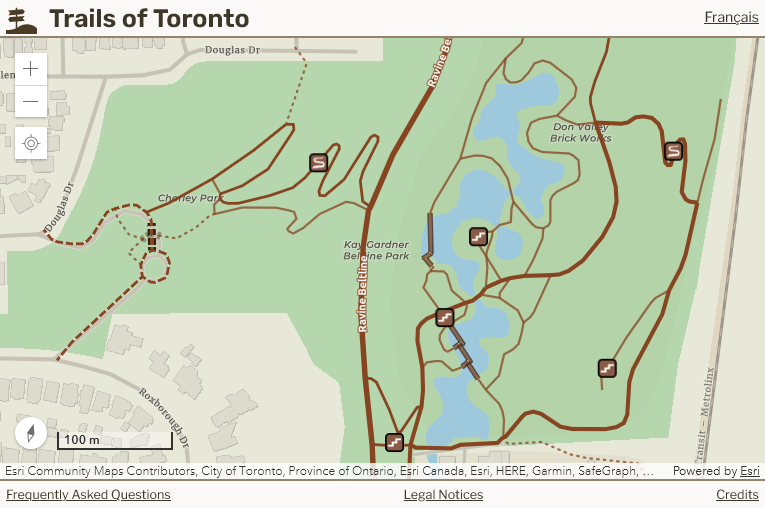 A screenshot from a map of walking trails in the city of Toronto